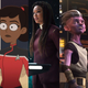 Captain Pike, Ensign Mariner, Captain Burnham, Dal, and Captain Picard as they appear in Star Trek: Discovery, Lower Decks, Prodigy, and Picard.